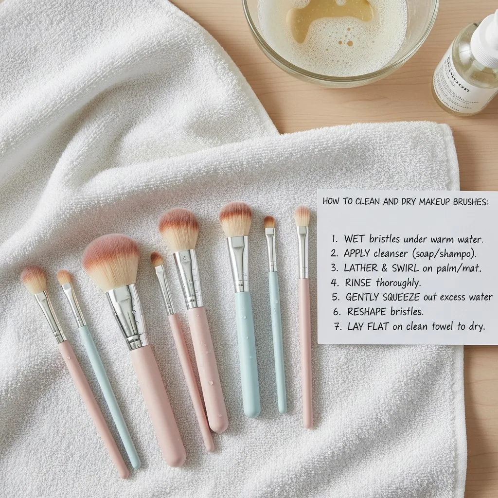 Makeup brushes drying on a clean towel after being washed