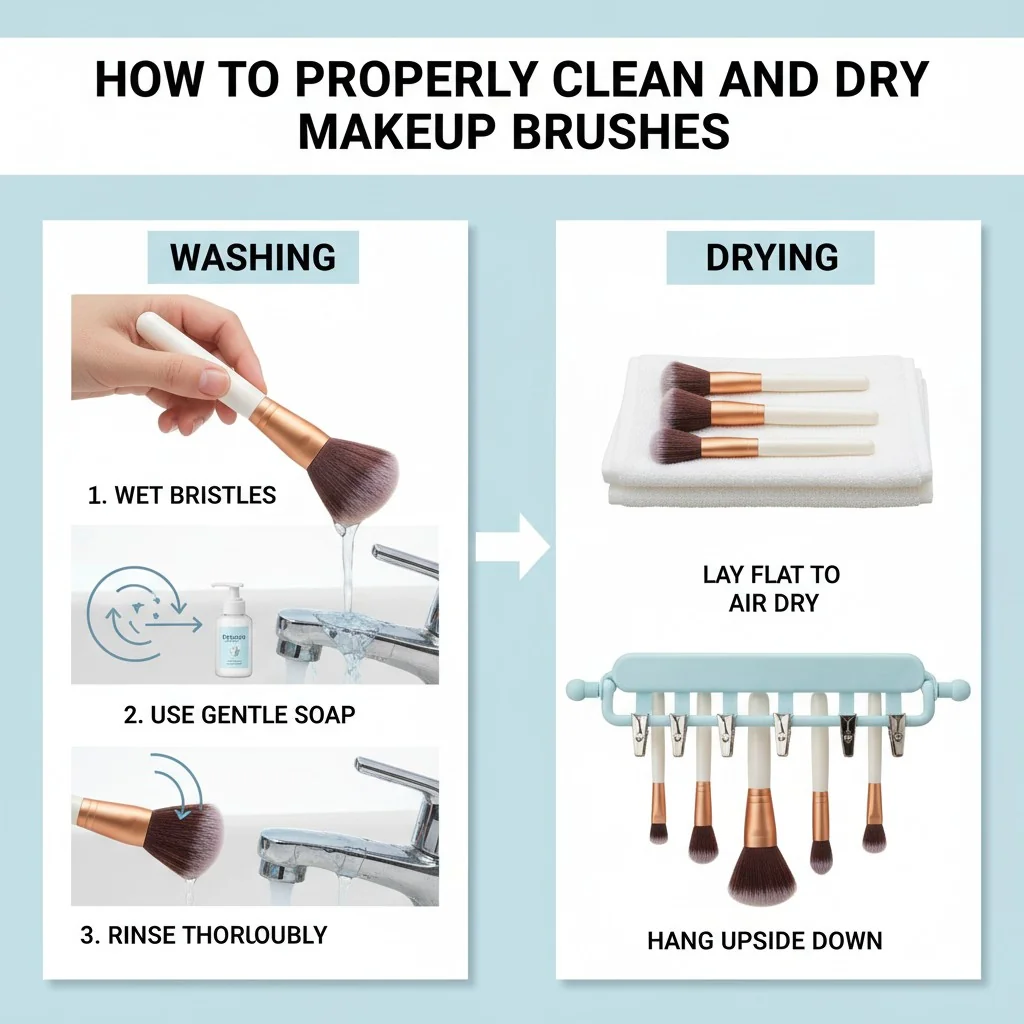 An infographic showing the correct way to clean makeup brushes: washing the tips under running water and laying them flat or hanging them upside down to dry.
