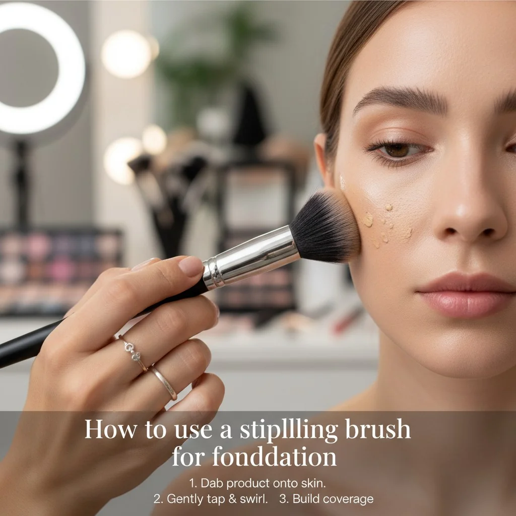 A makeup artist using a stippling brush to apply foundation on a model's cheek.
