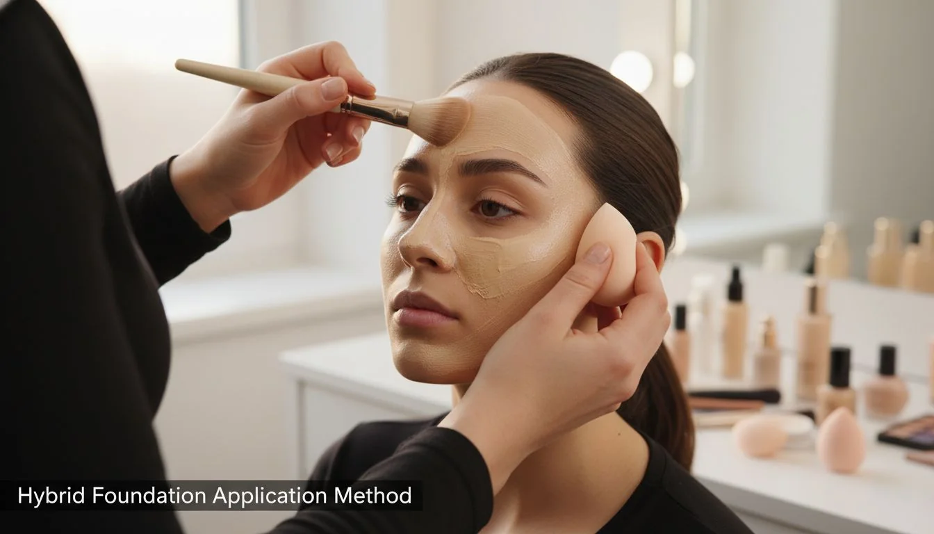 Hybrid Foundation Application Method A makeup artist using a brush to apply foundation and then a sponge to blend the edges