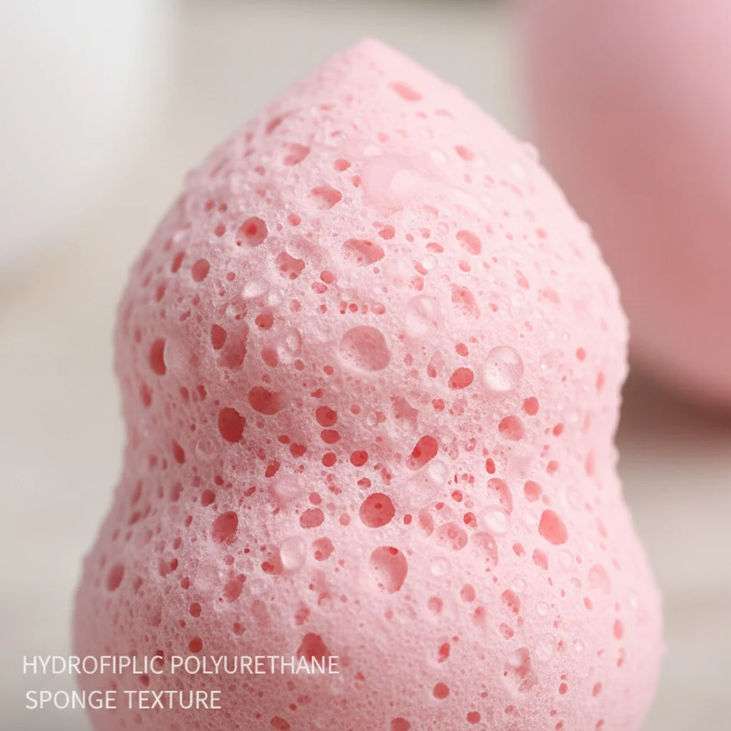 Close-up shot of a damp hydrophilic polyurethane makeup sponge showing its texture