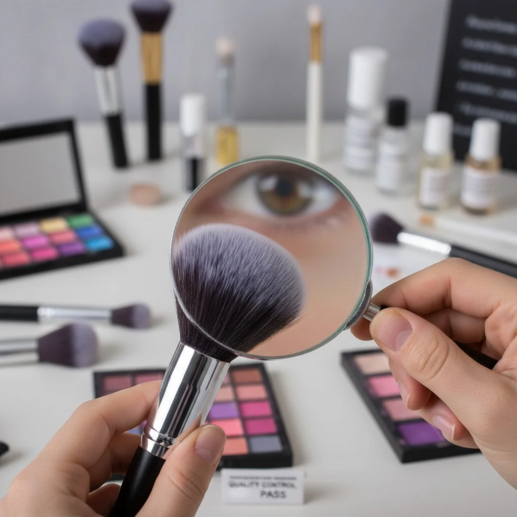 A person inspecting a makeup brush with a magnifying glass, focusing on the ferrule and bristles.
