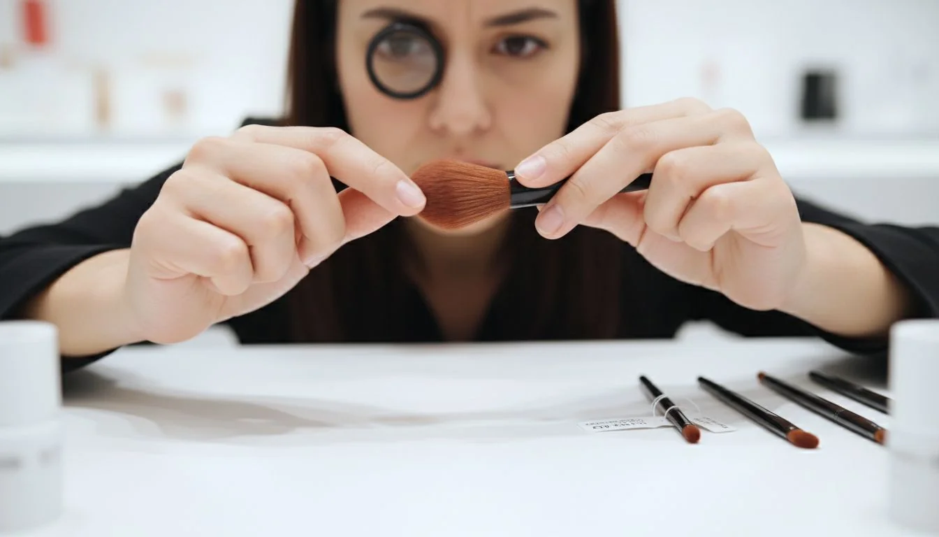 A person closely inspecting the bristles of a makeup brush sample