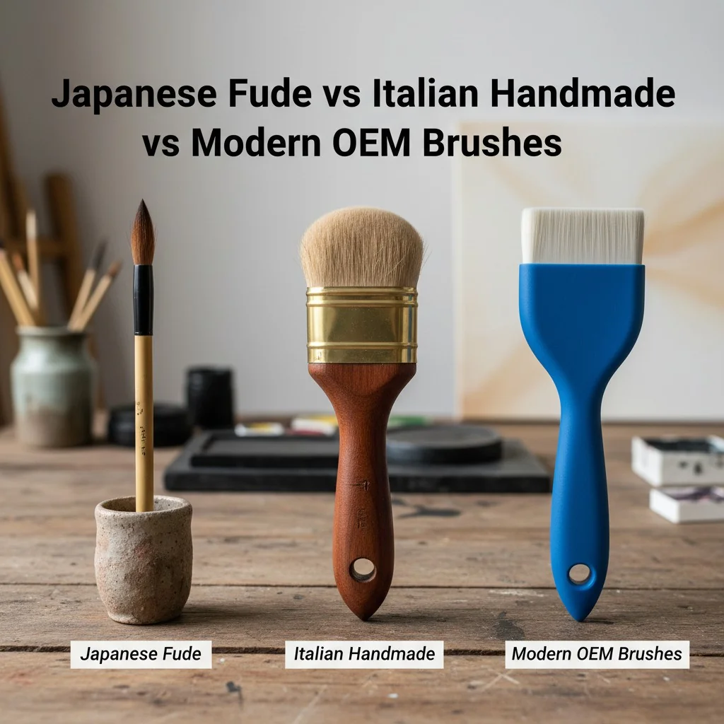 A side-by-side comparison of three brush types: a traditional Japanese Fude brush, an Italian brush, and a modern OEM brush.