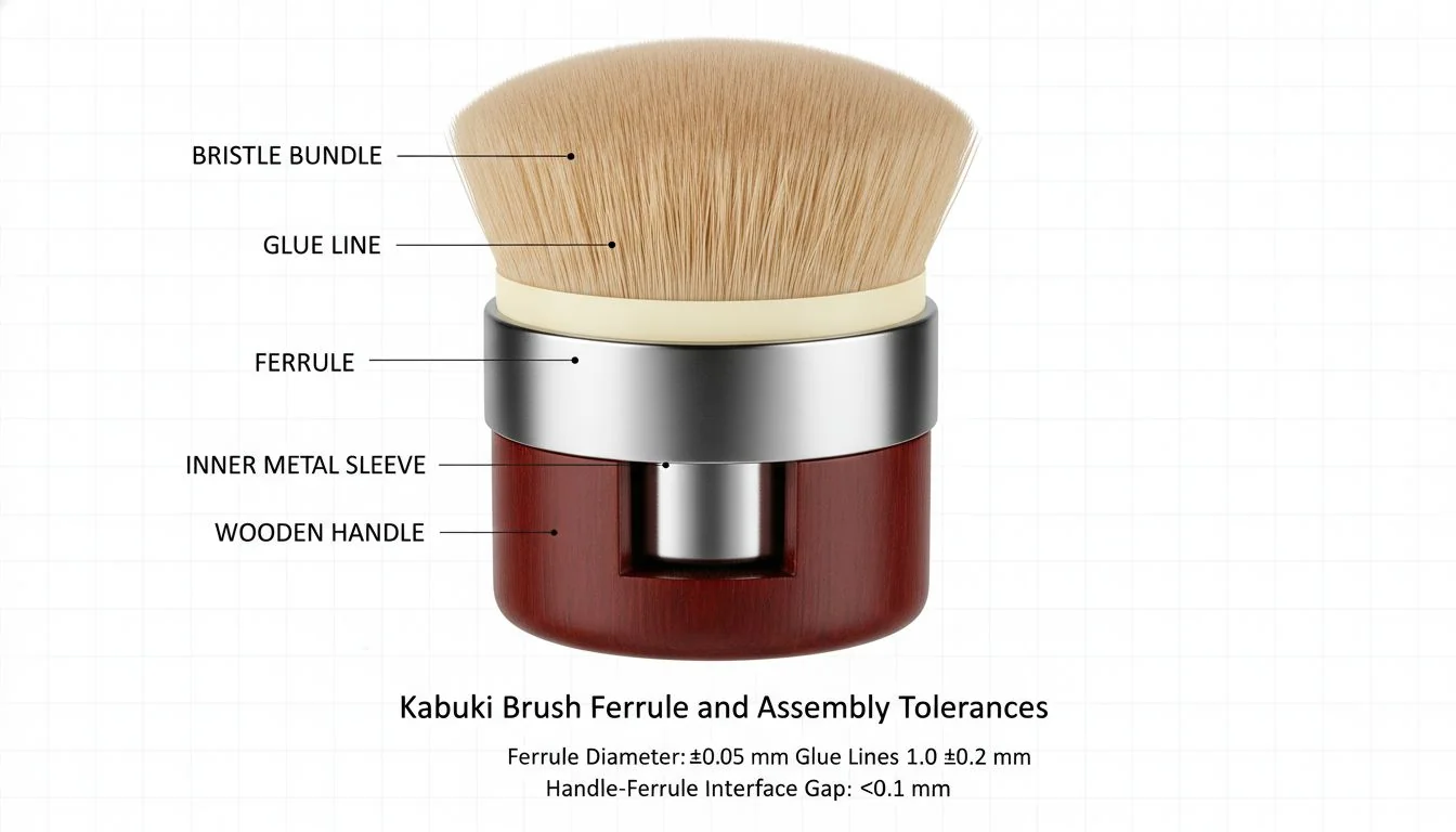 Kabuki Brush Ferrule and Assembly Tolerances Cross-section of a kabuki brush showing the ferrule, glue line, and handle assembly