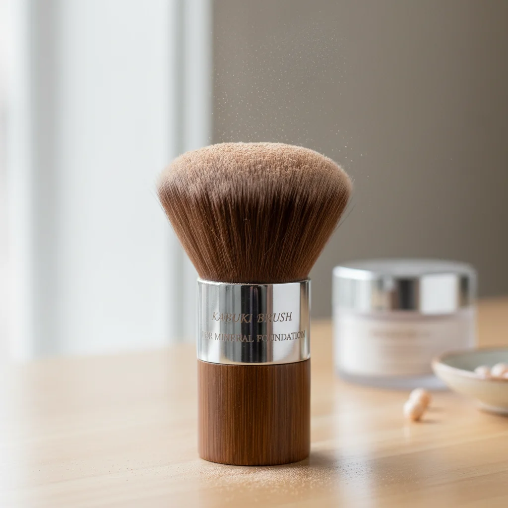 A flat-top kabuki brush with mineral foundation powder on its bristles, ready for application.
