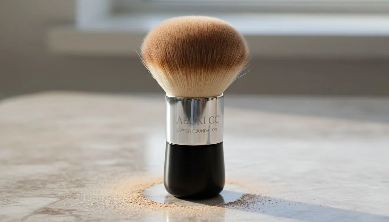 Kabuki Brush for Powder Foundation A short-handled kabuki brush with a large, dense head