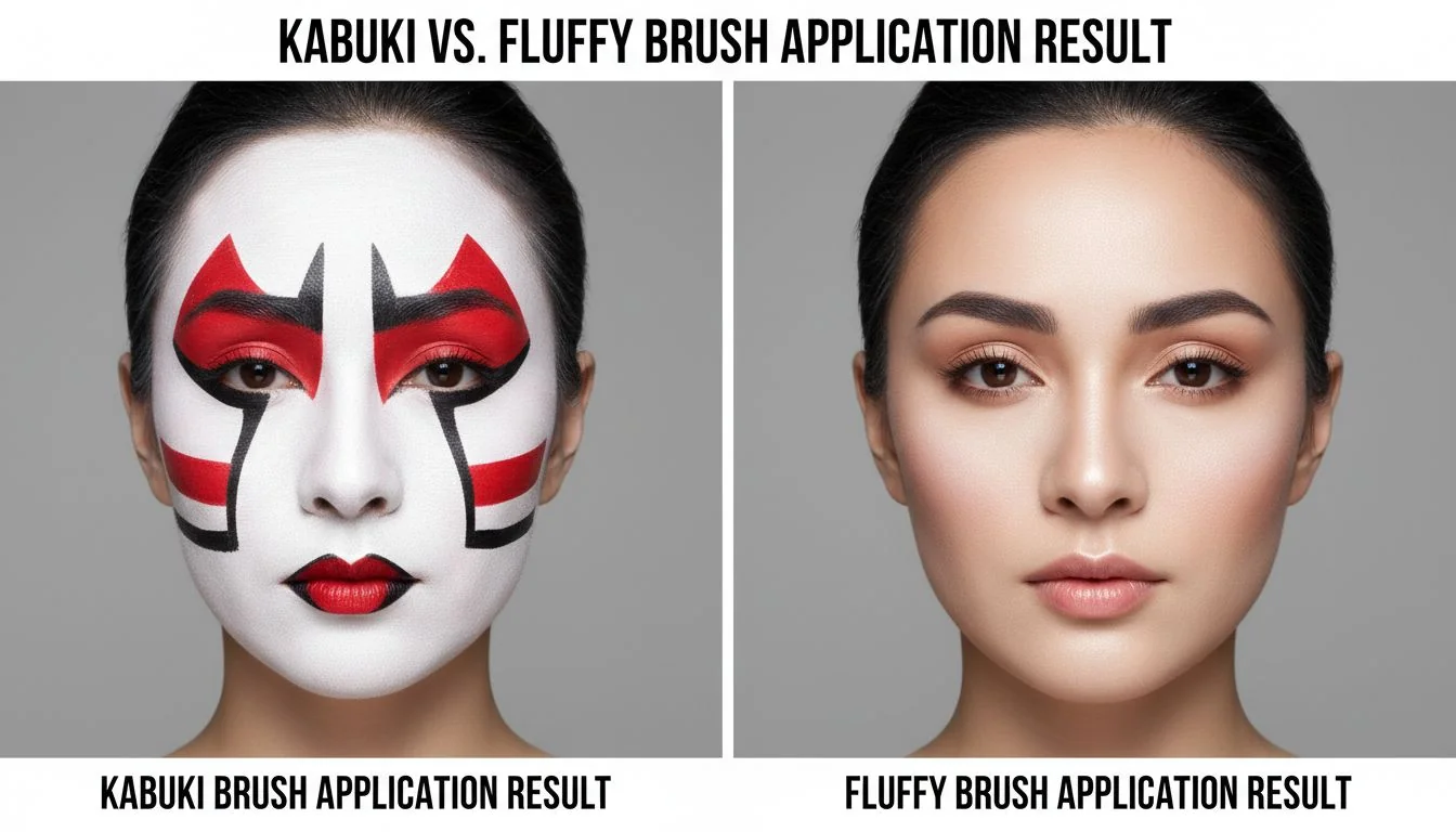 Side-by-side comparison of a face with makeup applied by a kabuki brush and a fluffy powder brush