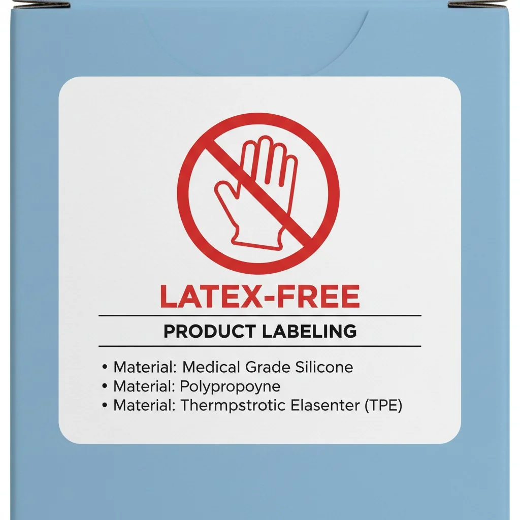 A packaging label with a bold "Latex-Free" icon and material list
