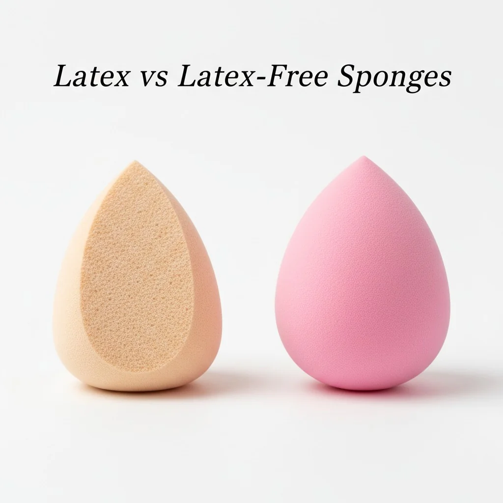 A classic wedge-shaped latex makeup sponge next to a round latex-free sponge