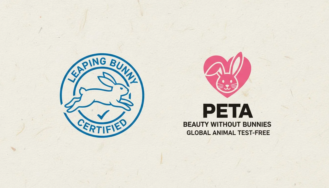 Logos of Leaping Bunny and PETA's Beauty Without Bunnies displayed side-by-side.