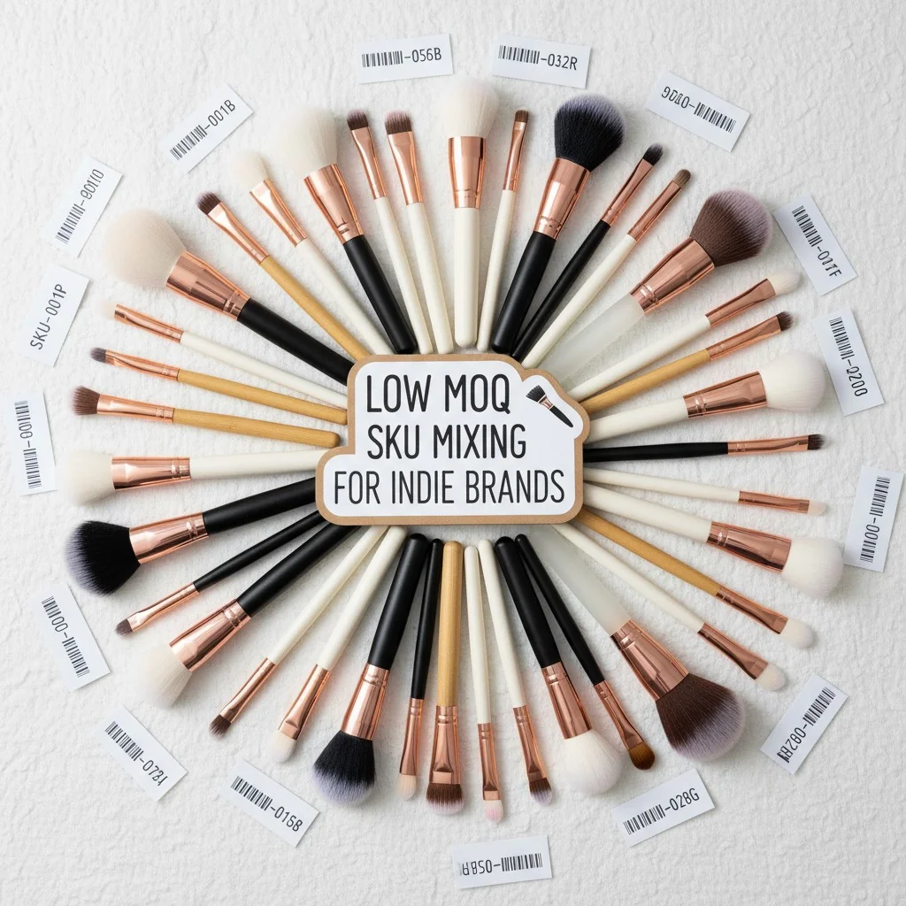 An assortment of different makeup brush styles, implying SKU mixing for a low MOQ order.