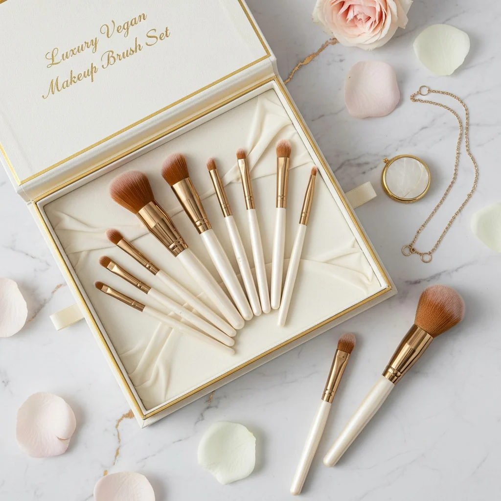 A luxurious flat-lay of a new, all-synthetic makeup brush set with elegant handles and packaging.