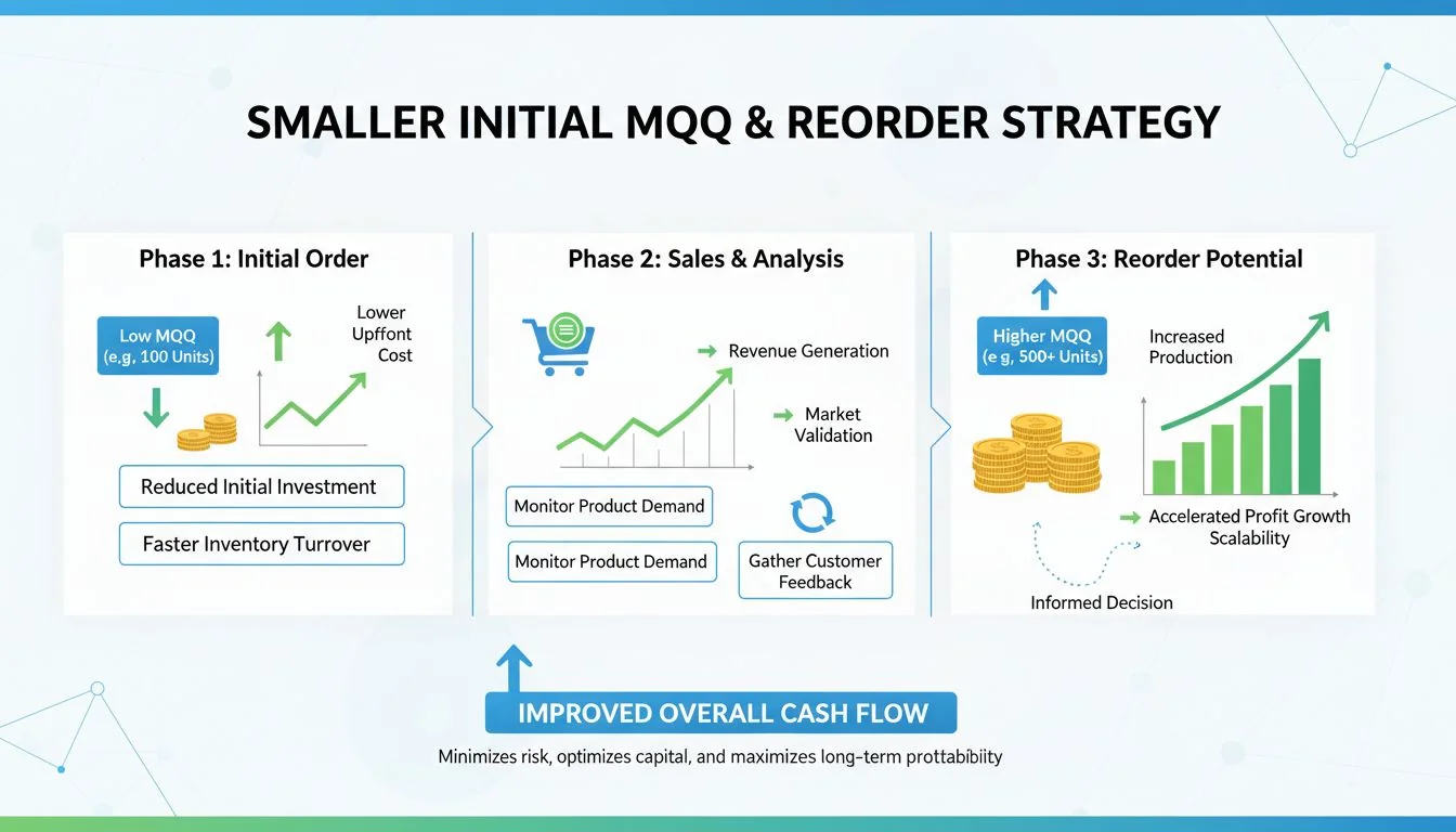 MOQ and Cash Flow Strategy A graphic illustrating cash flow with a smaller initial MOQ and a potential reorder.