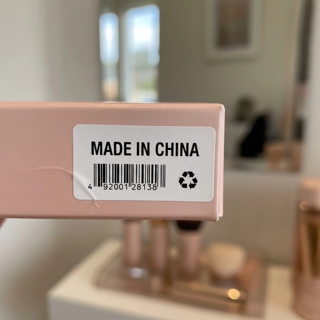 Close-up shot of the "Made in China" label on a makeup brush box