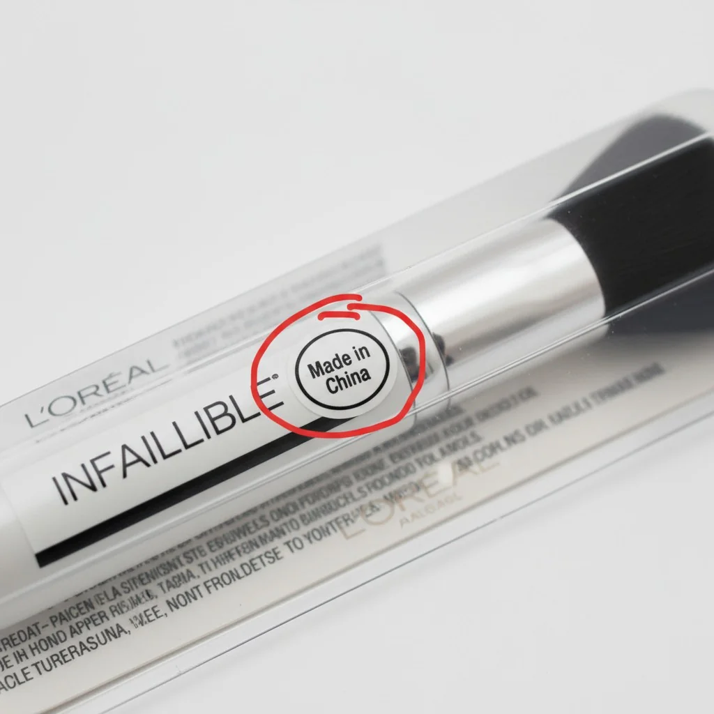 A photo showing the back of a L'Oréal Infaillible brush package, with a circle highlighting the "Made in China" text.