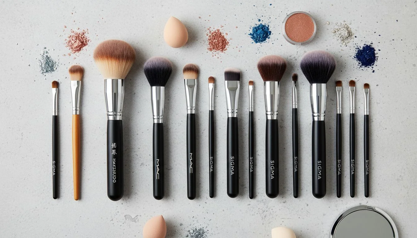Makeup Artist Brush Picks A flat lay of makeup brushes from different brands like Hakuhodo, MAC, and Sigma