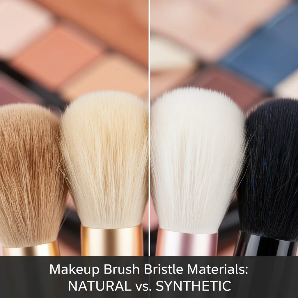 Close-up shot of different makeup brush bristles, showing textures of natural and synthetic fibers.