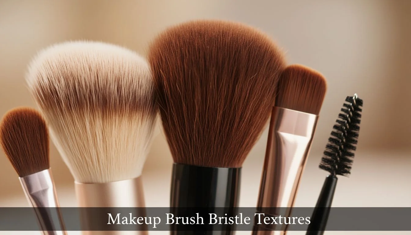 Close-up shot of different makeup brush bristles, showing texture and density.