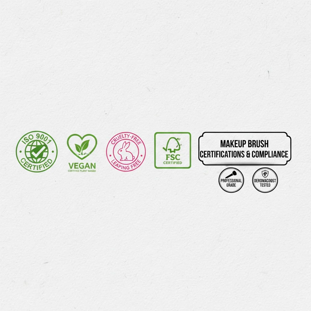 A collection of certification logos like ISO, Vegan, Cruelty-Free, and FSC.