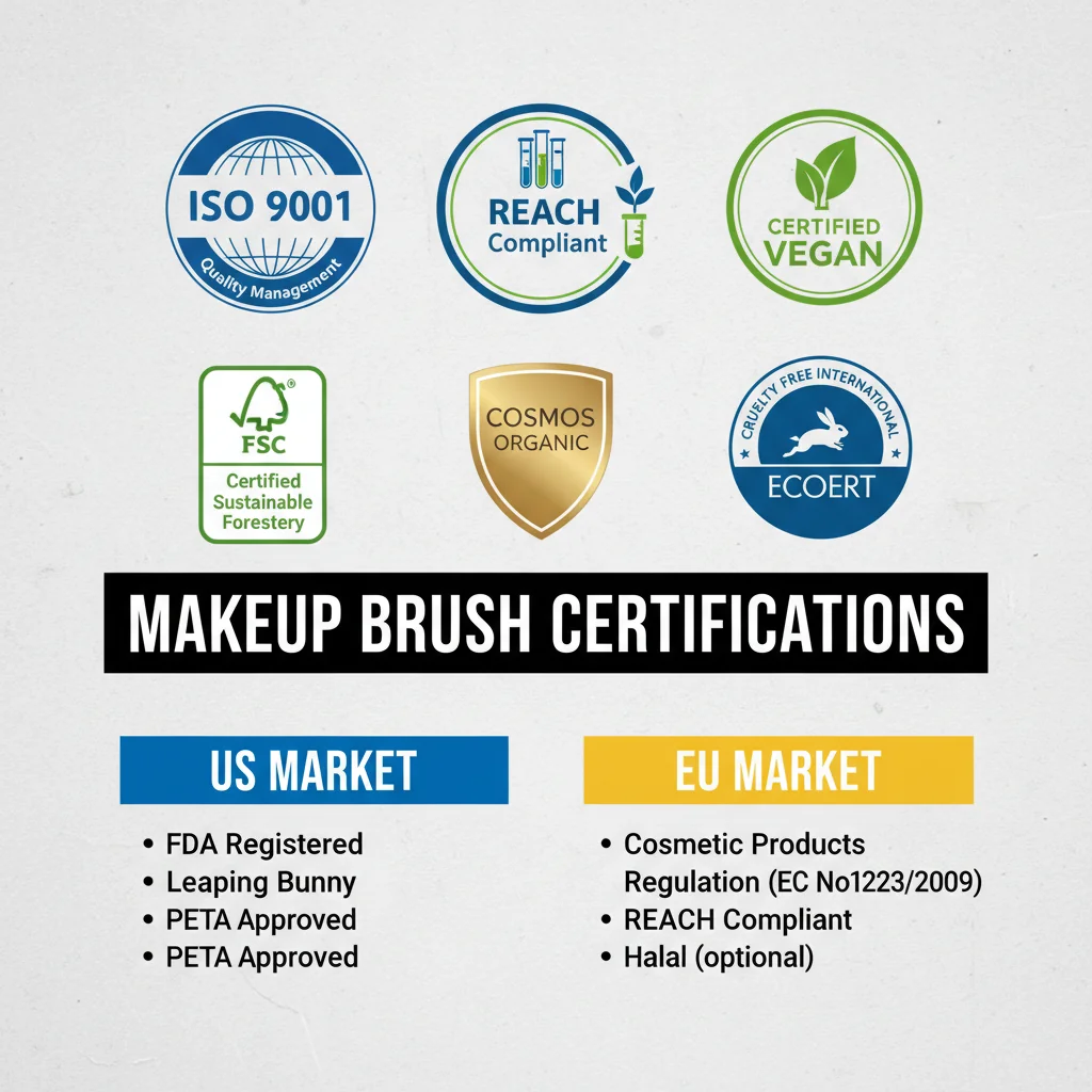 A collage of certification logos like ISO 9001, FSC, REACH Compliant, and Vegan.