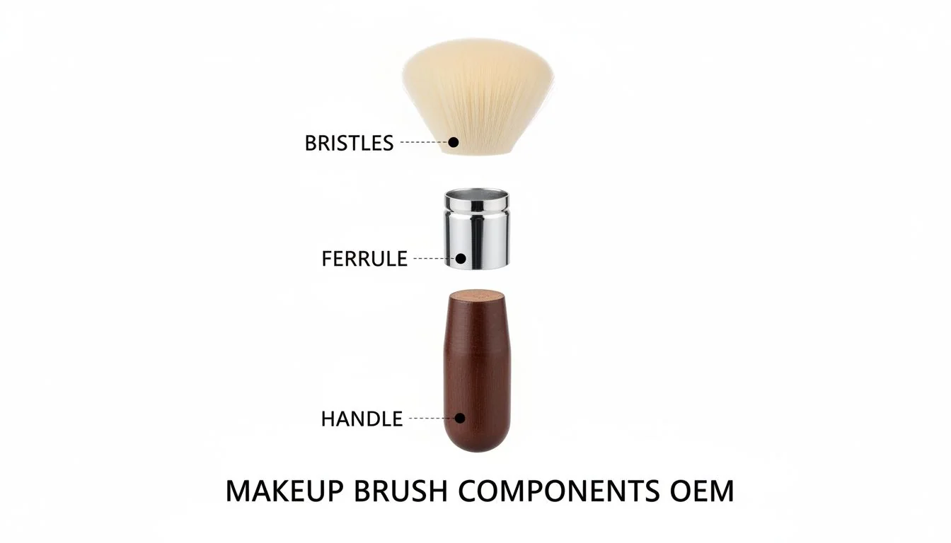 An exploded view of a makeup brush showing the handle, ferrule, and bristles separately