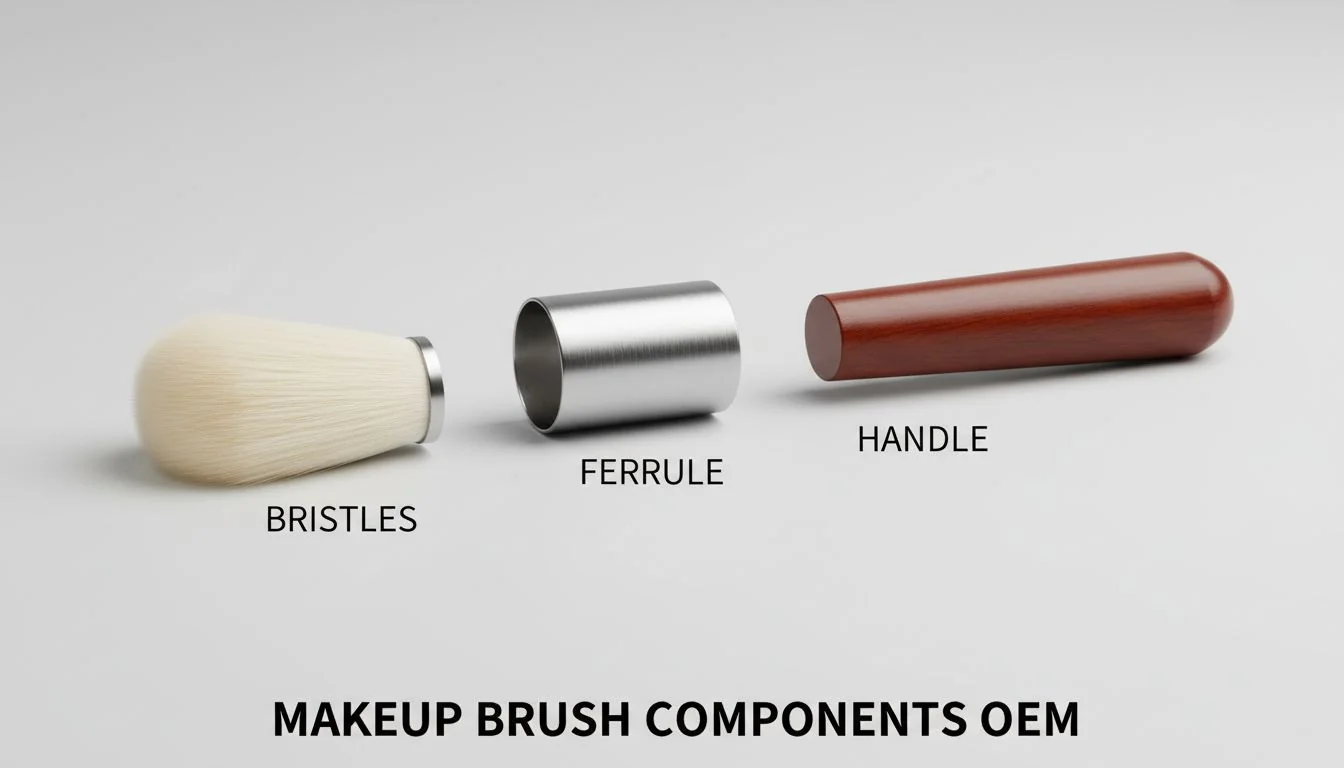Makeup Brush Components OEM An image showing different components of a makeup brush: bristles, ferrule, and handle.