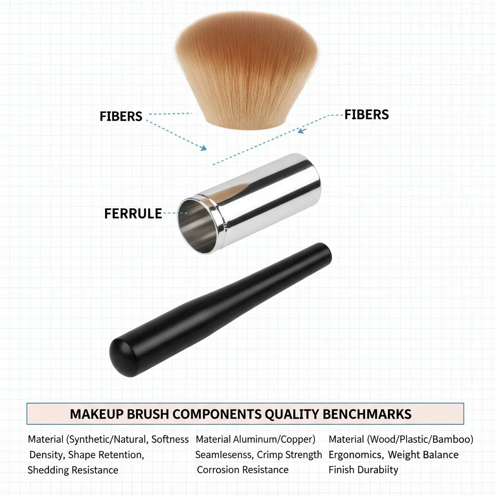 Diagram showing the components of a makeup brush: fibers, ferrule, and handle.