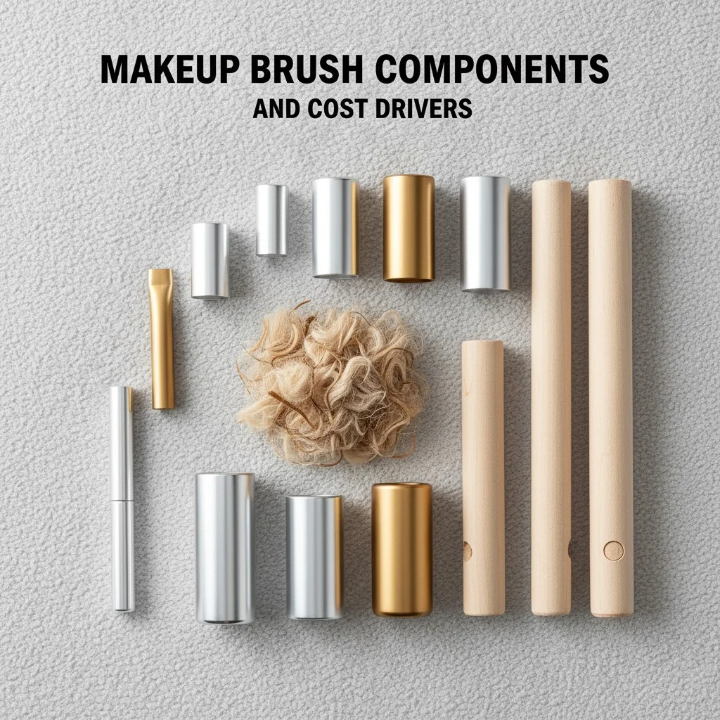 A flat lay of brush components: loose synthetic fibers, aluminum and brass ferrules, and unfinished wooden handles.