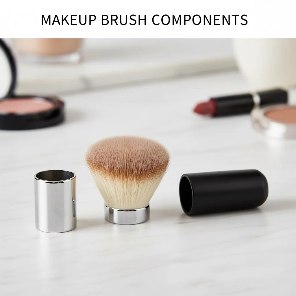Close-up shot of different makeup brush components: bristles, a ferrule, and a handle, separated to show the parts.