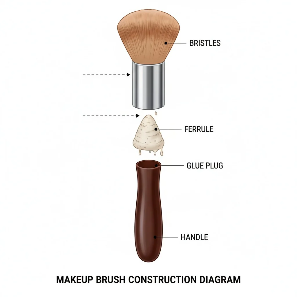 An exploded view diagram of a makeup brush, showing the handle, ferrule, glue plug, and bristles.
