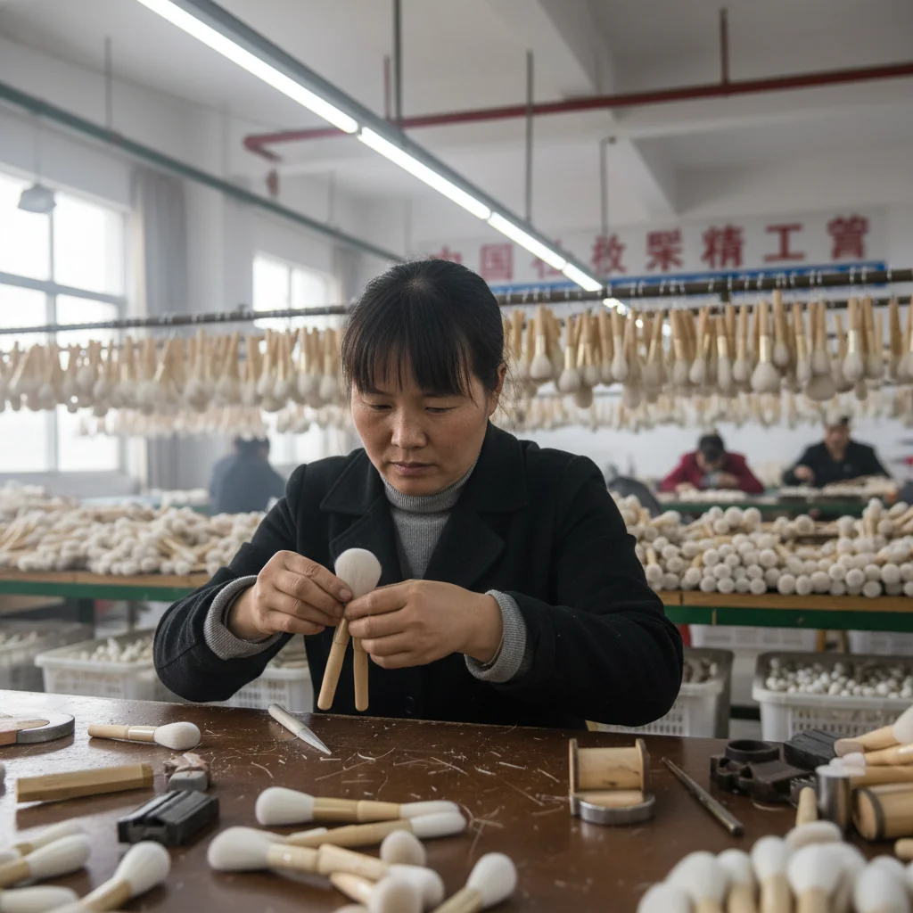A factory worker in China hand-shaping the head of a makeup brush.