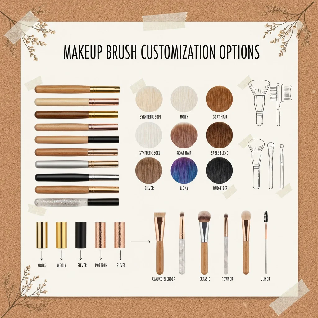 A mood board showing makeup brush components like handles, ferrules, and fiber swatches.