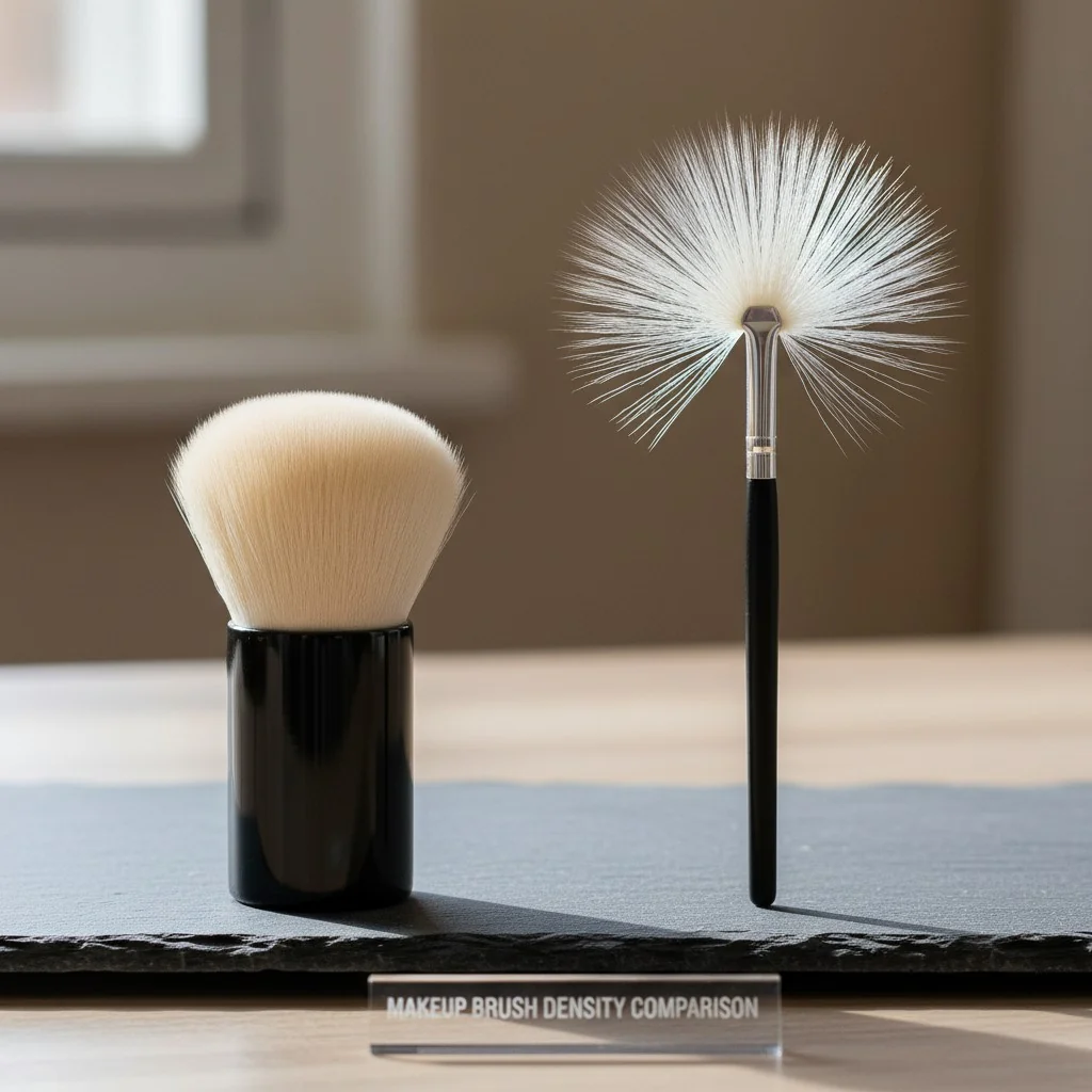 A dense kabuki brush next to a fluffy, sparse eyeshadow brush.