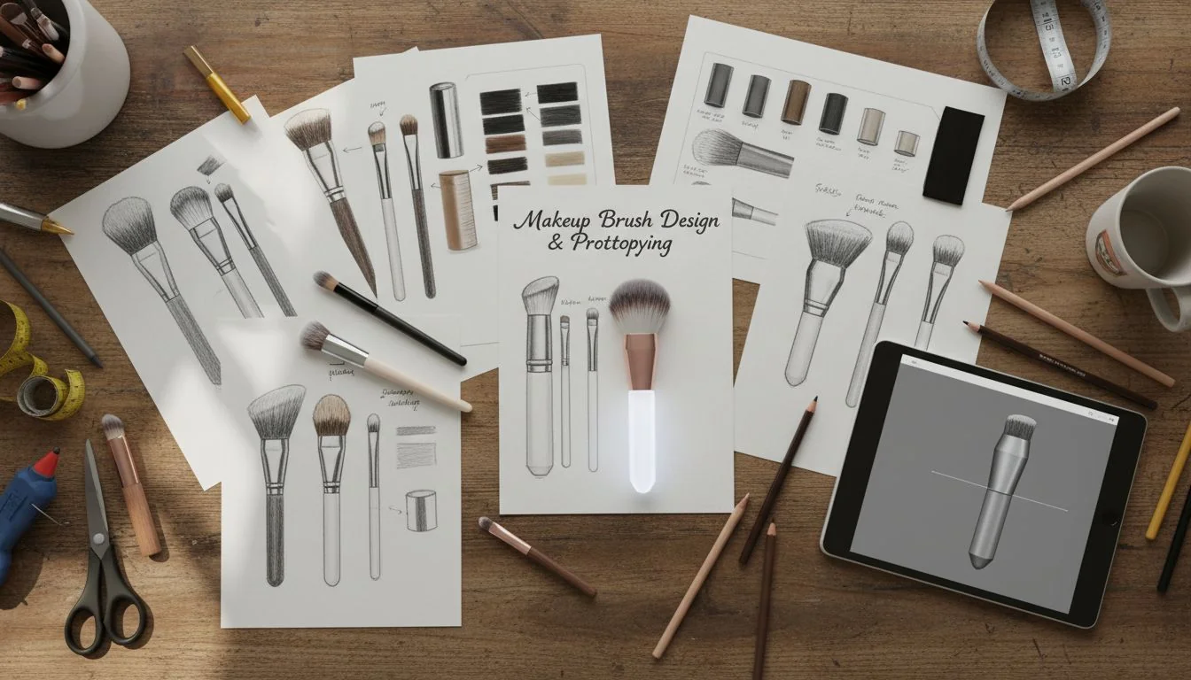 A designer's desk with sketches of makeup brushes, material samples, and a prototype.