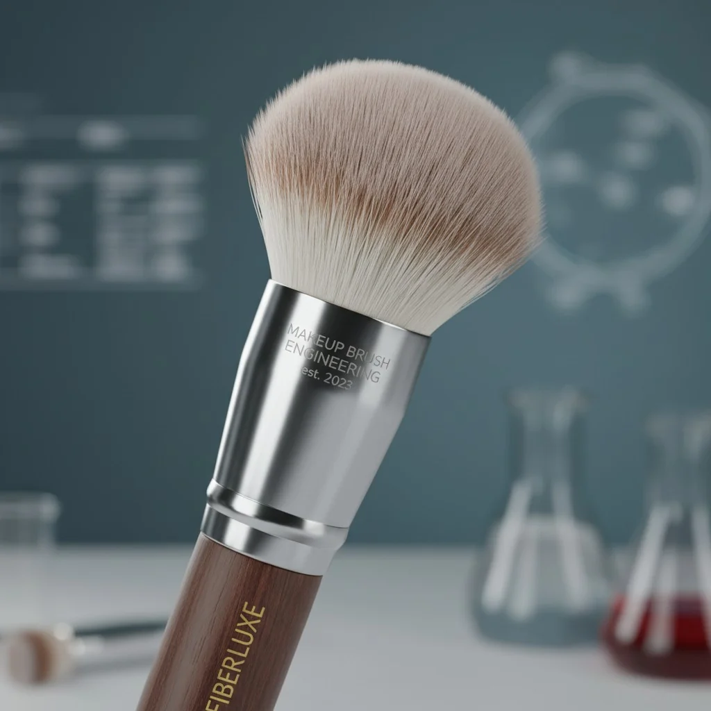 A close-up shot showing the details of a makeup brush: the soft synthetic fibers, the shiny ferrule, and the branded wooden handle.