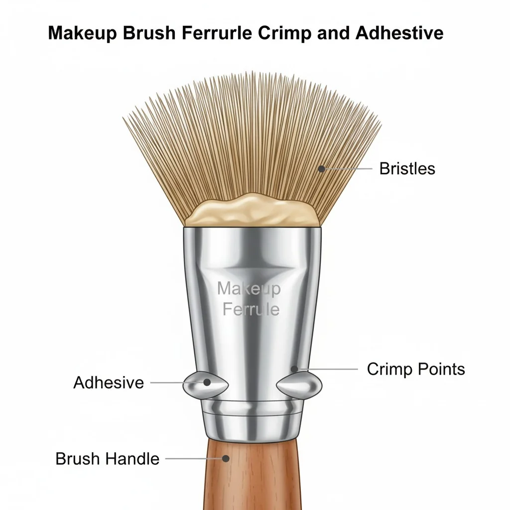 A detailed diagram showing how bristles are glued and crimped inside a makeup brush ferrule.