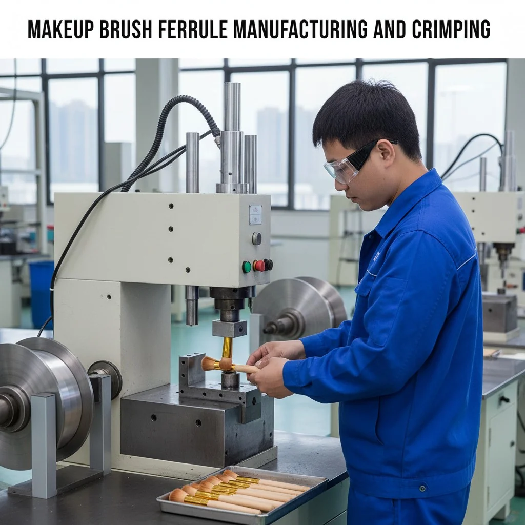 A factory worker operating a machine that crimps a ferrule onto a makeup brush handle.
