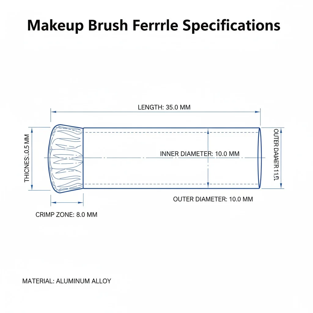 A technical drawing of a makeup brush ferrule with dimensions like thickness, inner diameter, and length called out.