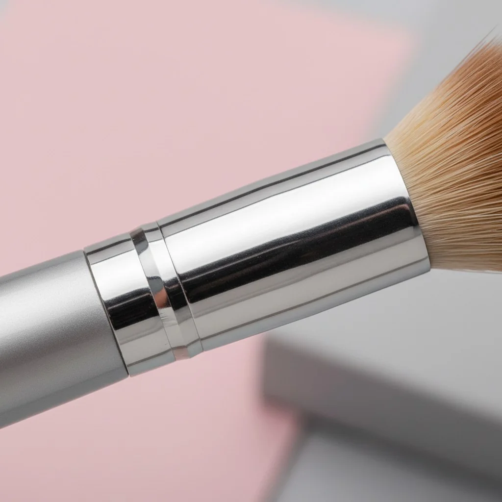 A close-up shot of a makeup brush ferrule showing a clean, seamless double-crimp