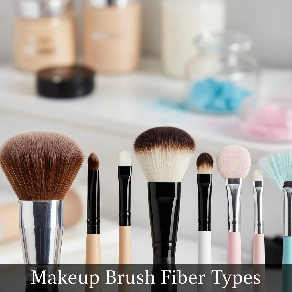 A close-up shot of different makeup brush heads, showing various fiber types and shapes.