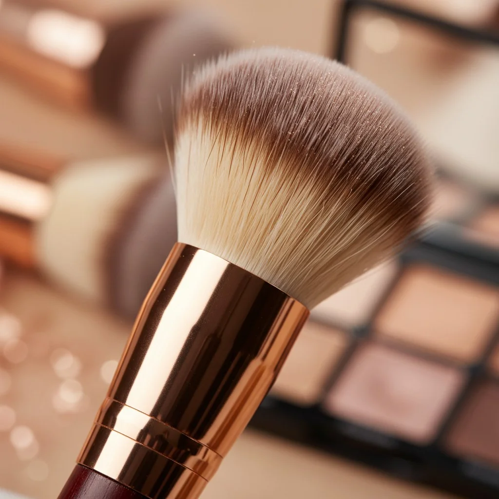 A macro photo showing the detailed construction of a makeup brush ferrule and fibers.