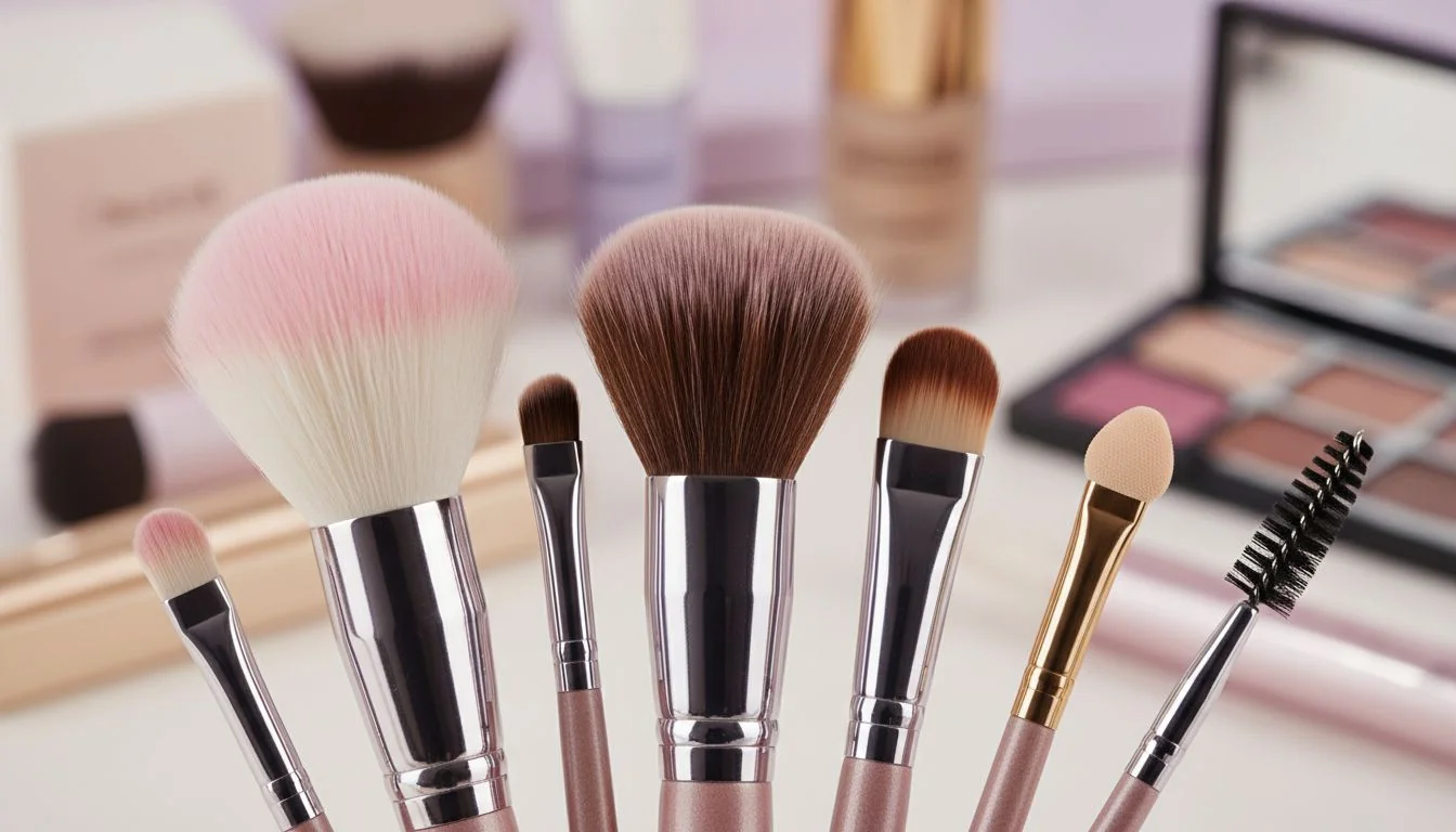 Makeup Brush Fiber and Shape Variations Close-up shot showing different makeup brush head shapes and fiber textures.
