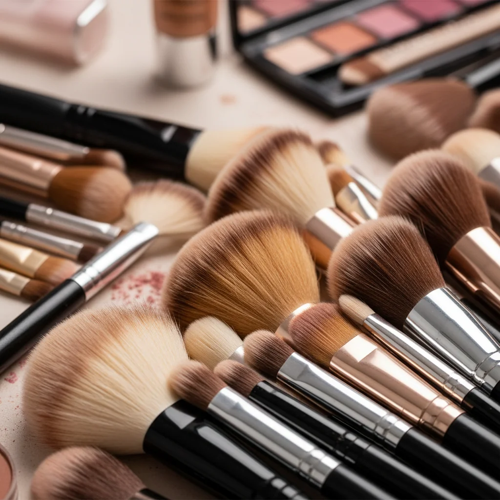 Close-up shot of various makeup brush heads, showing different fibers and shapes.