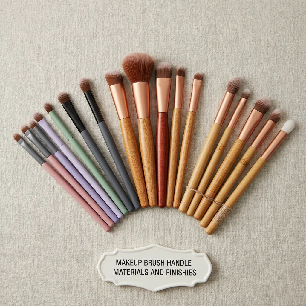A collection of makeup brush handles in different materials: polished wood, matte resin, and sustainable bamboo.