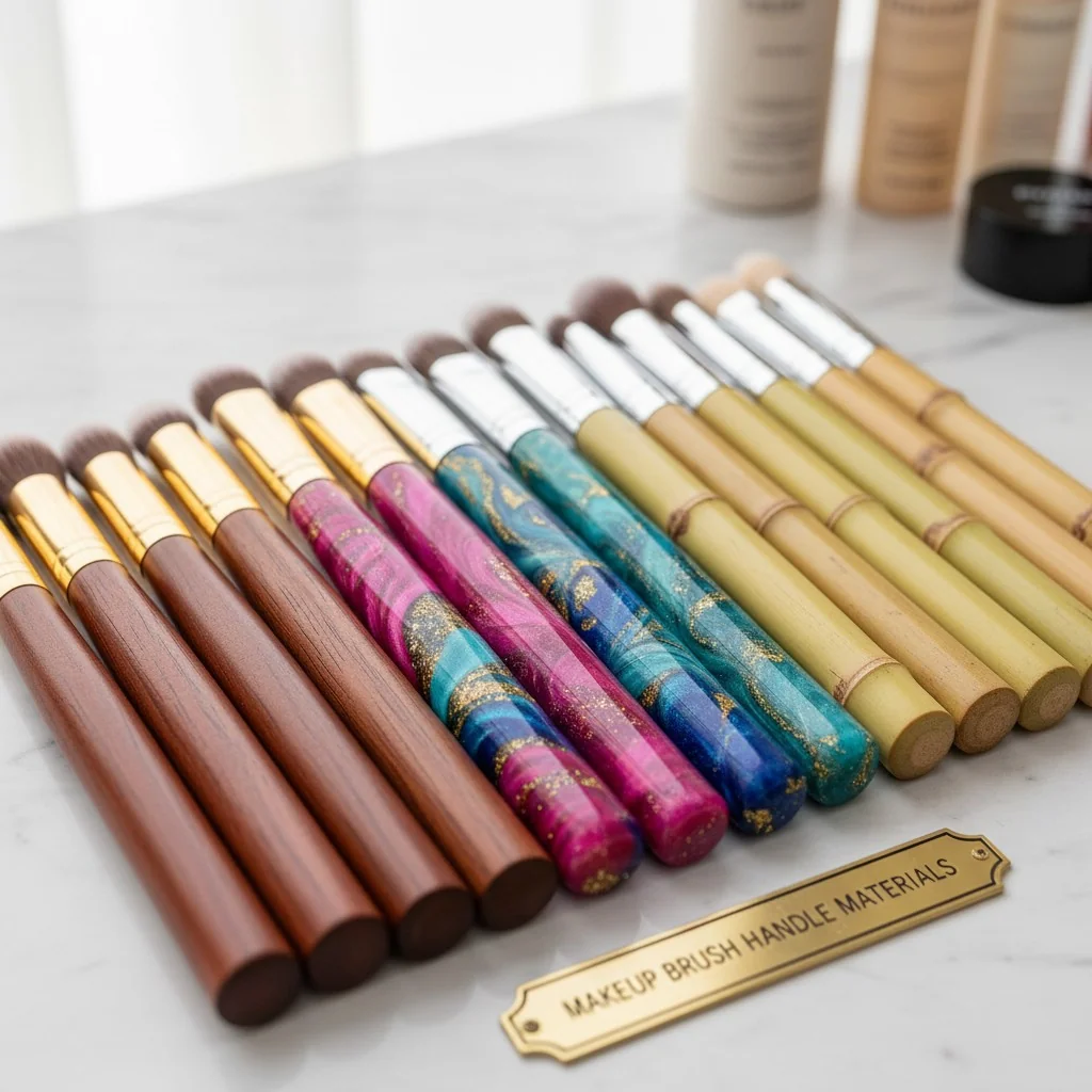 An array of makeup brush handles in different materials: polished wood, colorful resin, and natural bamboo.