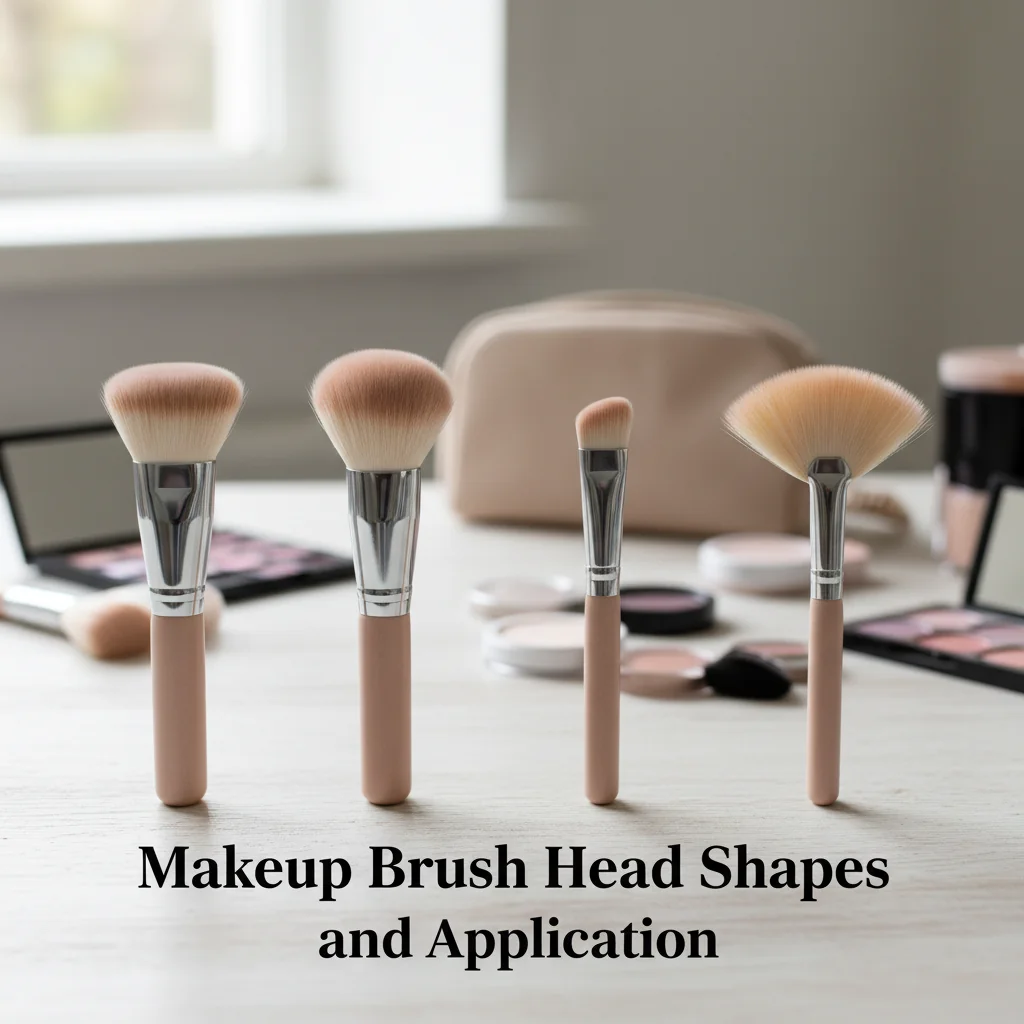 An array of makeup brushes showing different head shapes: flat, domed, angled, fan