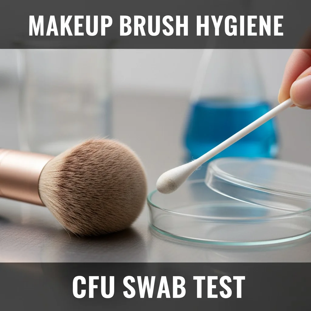 A cotton swab being wiped across a makeup brush head before being placed in a petri dish for a CFU test.