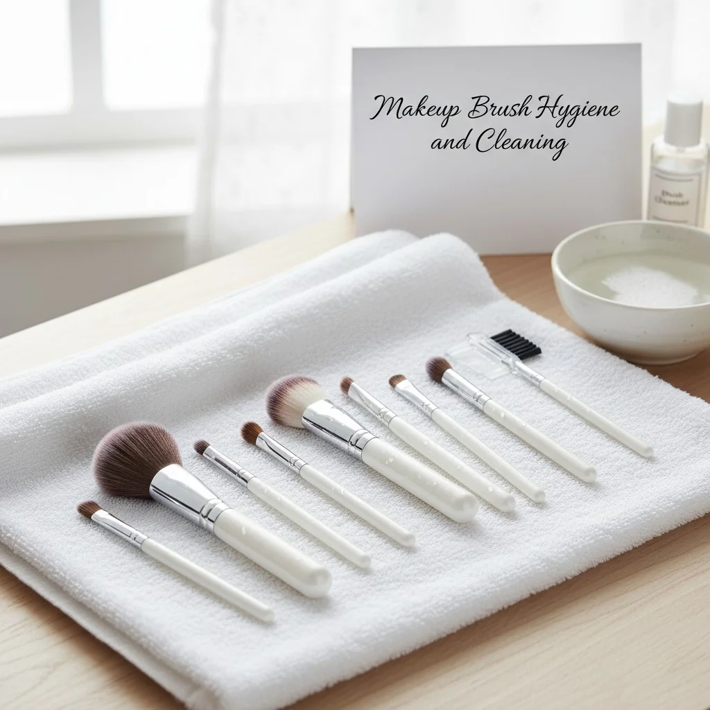 A set of clean makeup brushes drying on a towel.