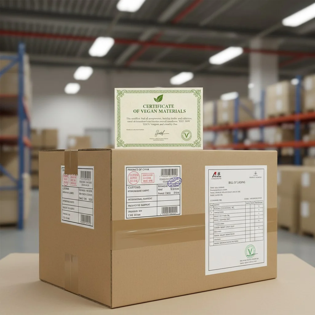 An image of a shipping box with customs labels, a bill of lading document, and a certificate for vegan materials.